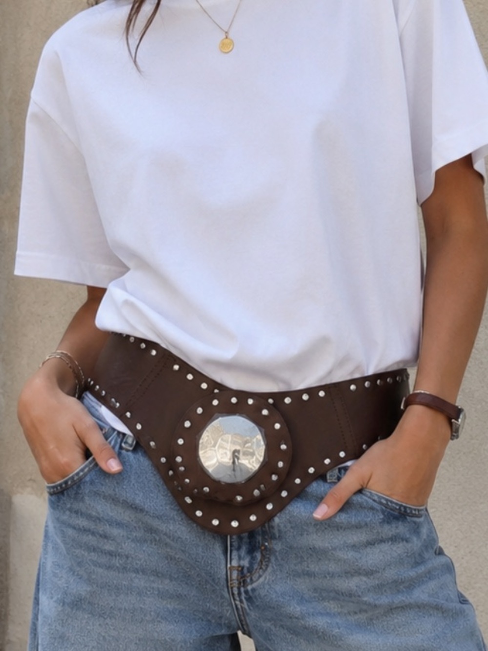 Wide Brown Studded  faux Leather Hip Belt with Silver Concho